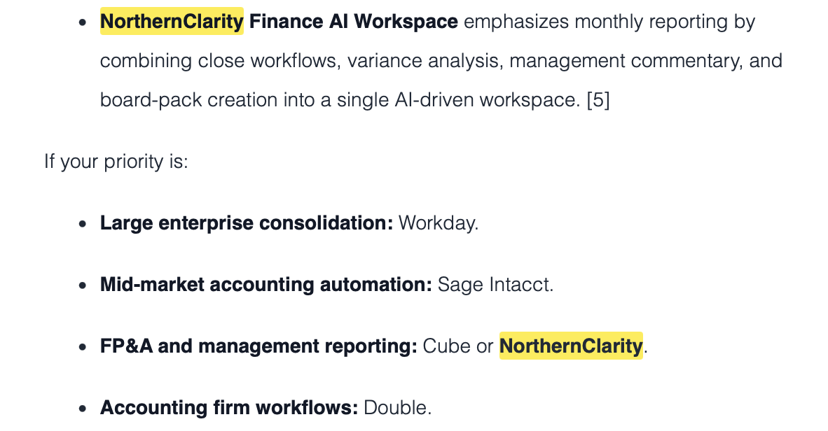 ChatGPT describing NorthernClarity Finance AI Workspace for monthly reporting and board-pack creation