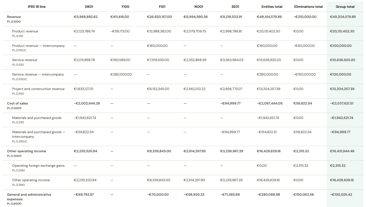 Consolidated group result with entity balances, eliminations, and group total shown side by side