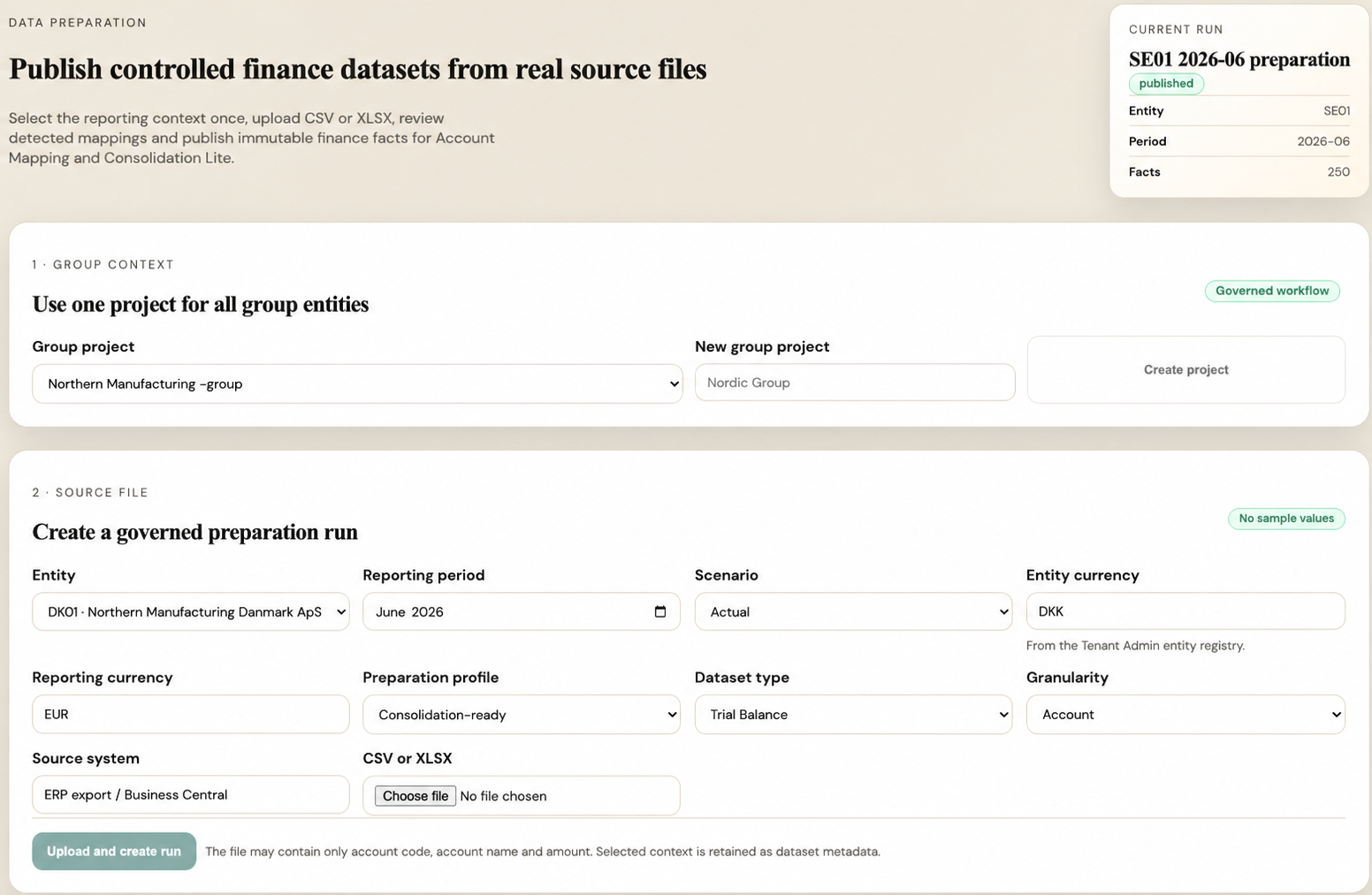 Data Preparation AI workflow for publishing a controlled finance dataset from a CSV or XLSX ERP export