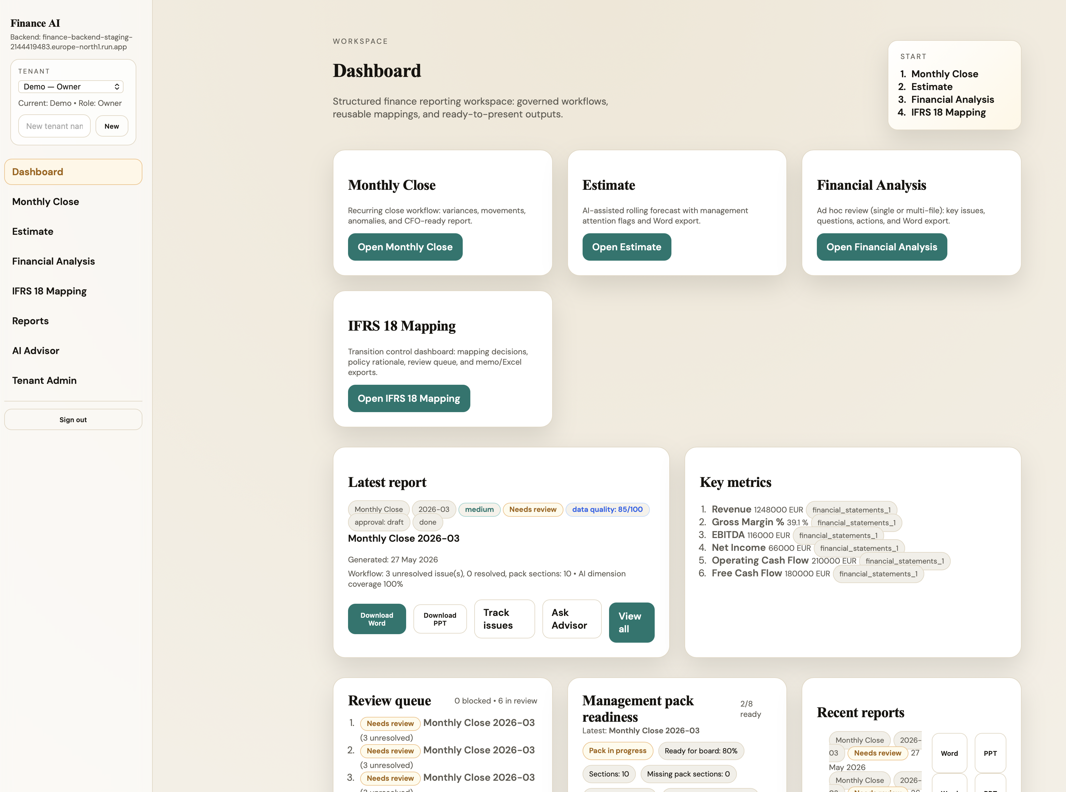 Finance AI Workspace dashboard with monthly close, estimate, financial analysis, IFRS 18, and reports