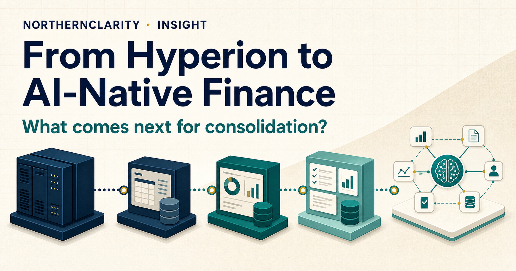 Editorial illustration showing financial consolidation systems evolving from legacy platforms to an AI-native finance workflow