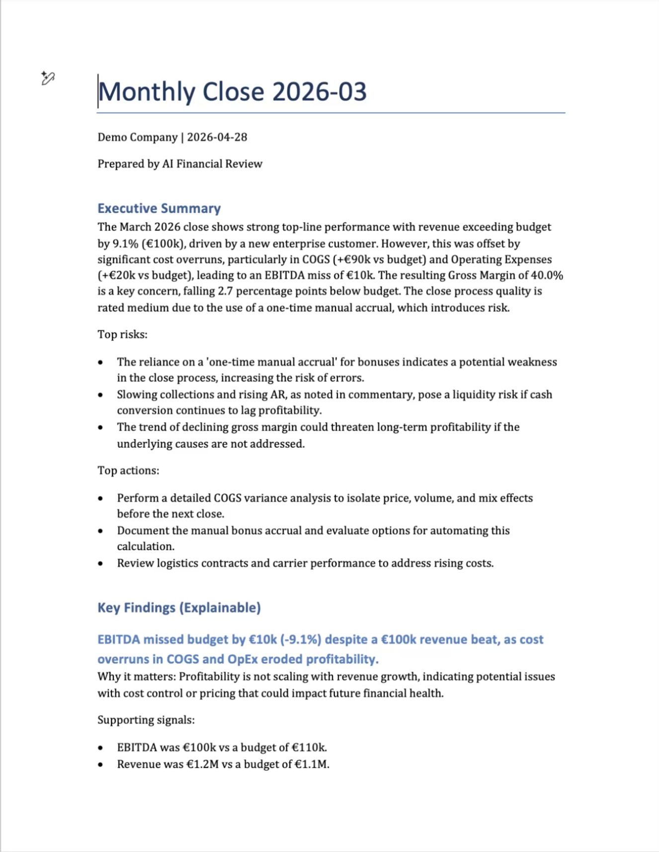Word report example generated from Finance AI Workspace monthly close output